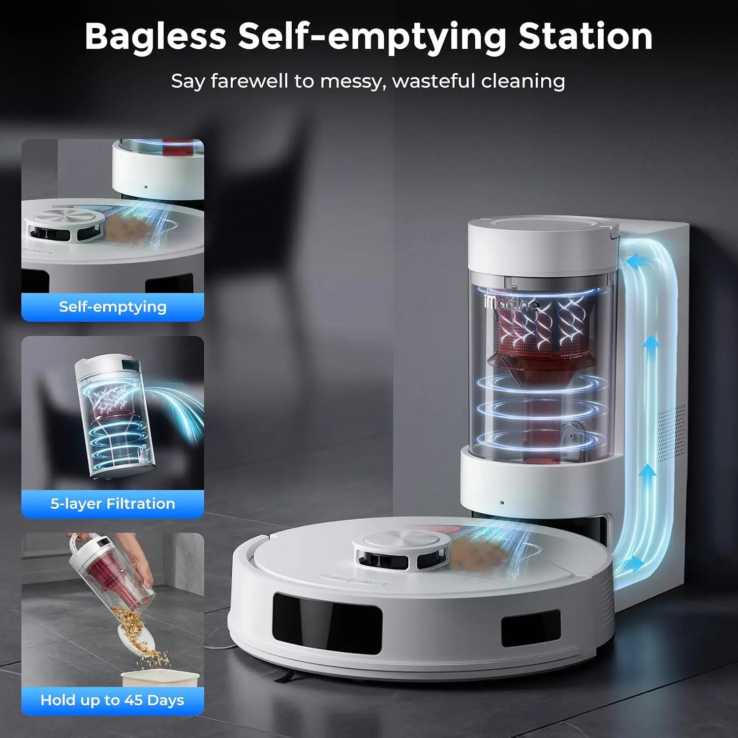 Automatic Vacuum and Mop Robot with 18000Pa Suction Power, Bagless Self-Emptying Design, and Smart Mapping Technology