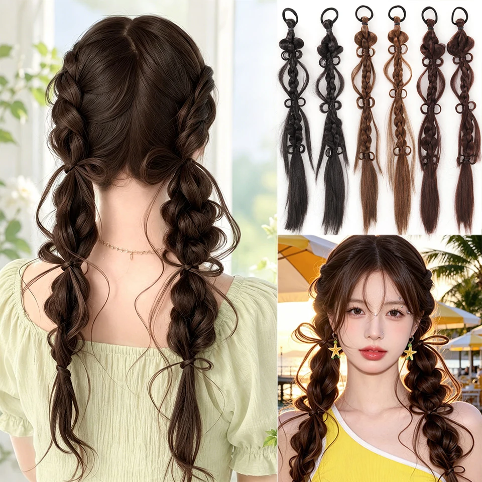Wig headband style braided bow double ponytail synthetic wig braid suitable for women's daily party use