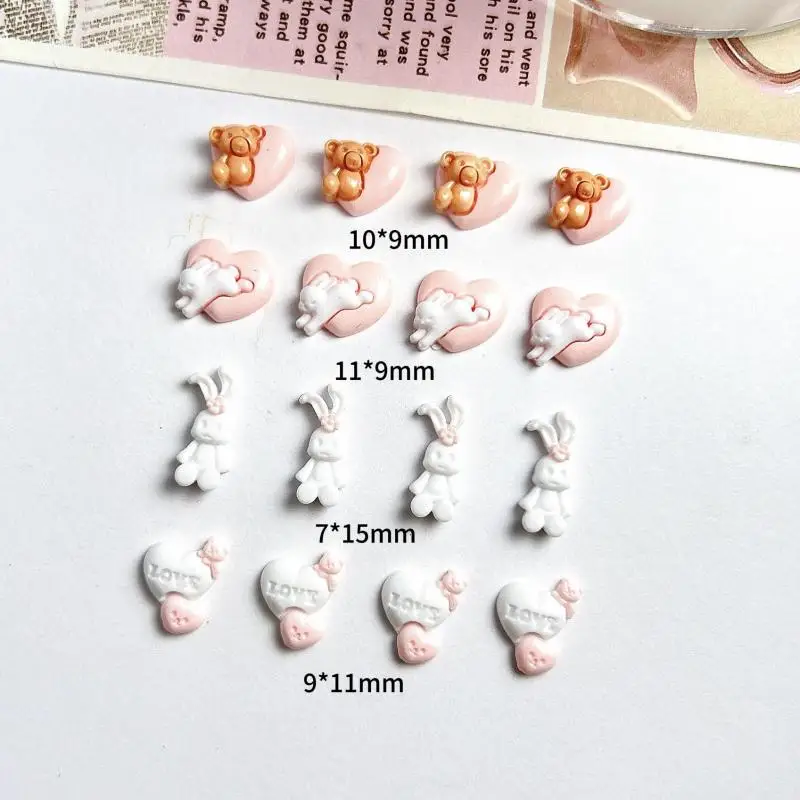 

Kawaii Luminous Brown Bear Nail Art Decorations Double Colors Heart Cute White Rabbit Resin Nail Charms Accessories DIY Nails