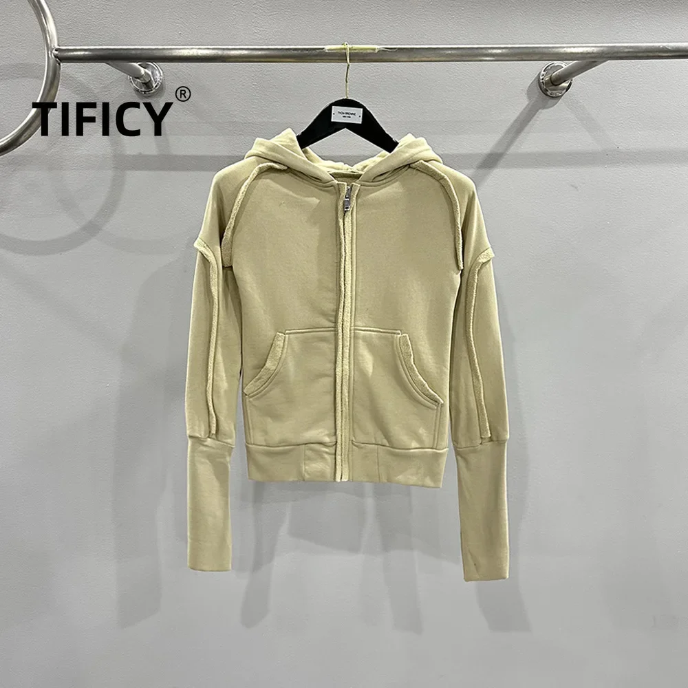 TIFICY High Street Women's Spring/summer Dark Style Design with Patchwork Zipper, Washed and Slim Fit Hooded Sweatshirt Jacket