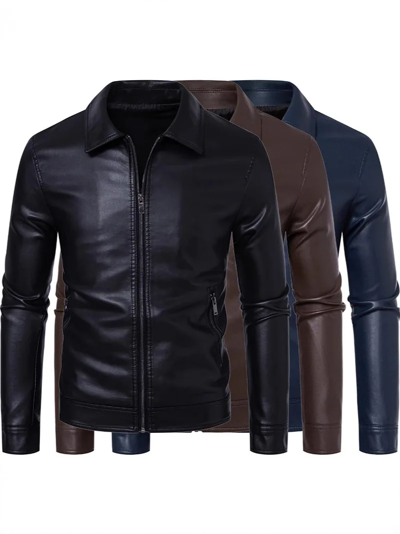 

Brand Turn Collar Leather Jacket Handsome Motorcycle Stand Collar Jacket Men's Korean Version Slim Fit Trendy Leather Jacket