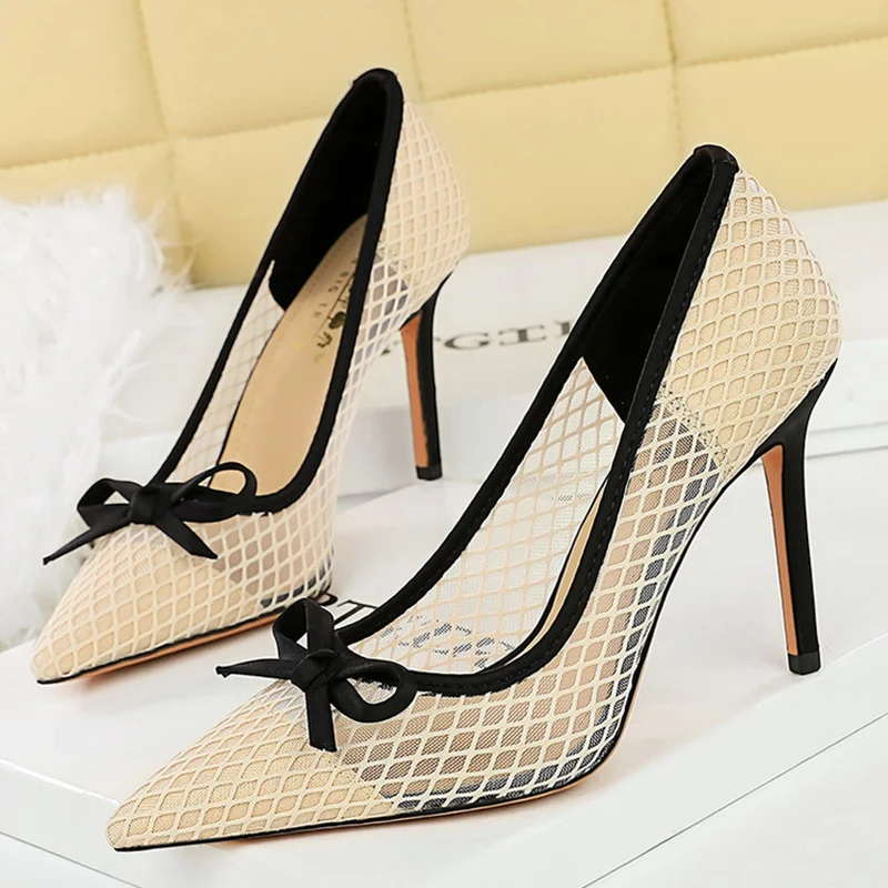 

Женские элегантные туфли-лодочки на высоком каблуке 9,5 см с бантом и сетчатым верхом, модные туфли для вечеринок и торжеств, женские туфли с острым носком
