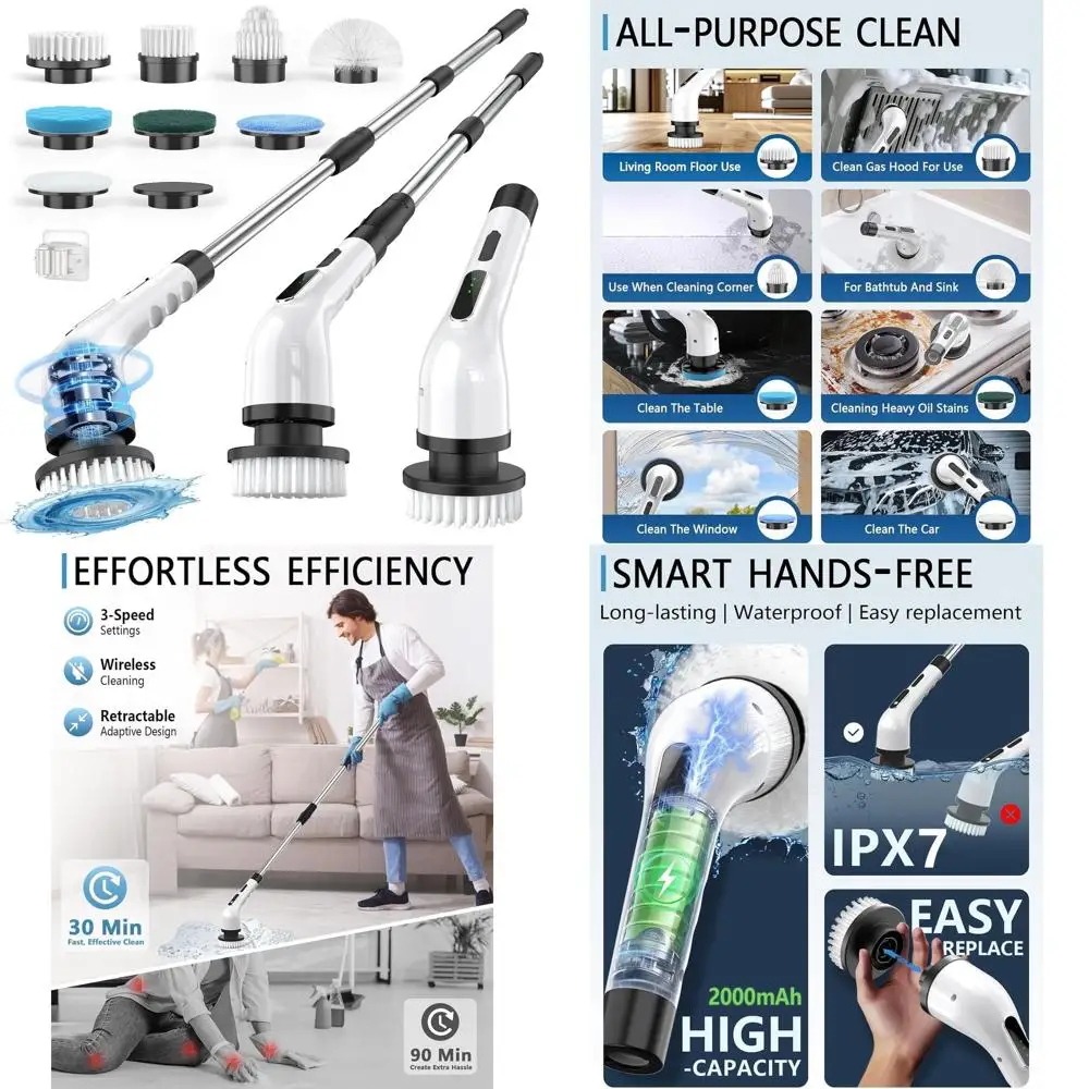 

Cordless 3-Speed Spin Scrubber with IPX7 Waterproof & 9 Brush Heads for Bathroom, Shower, Kitchen & Toilet Cleaning