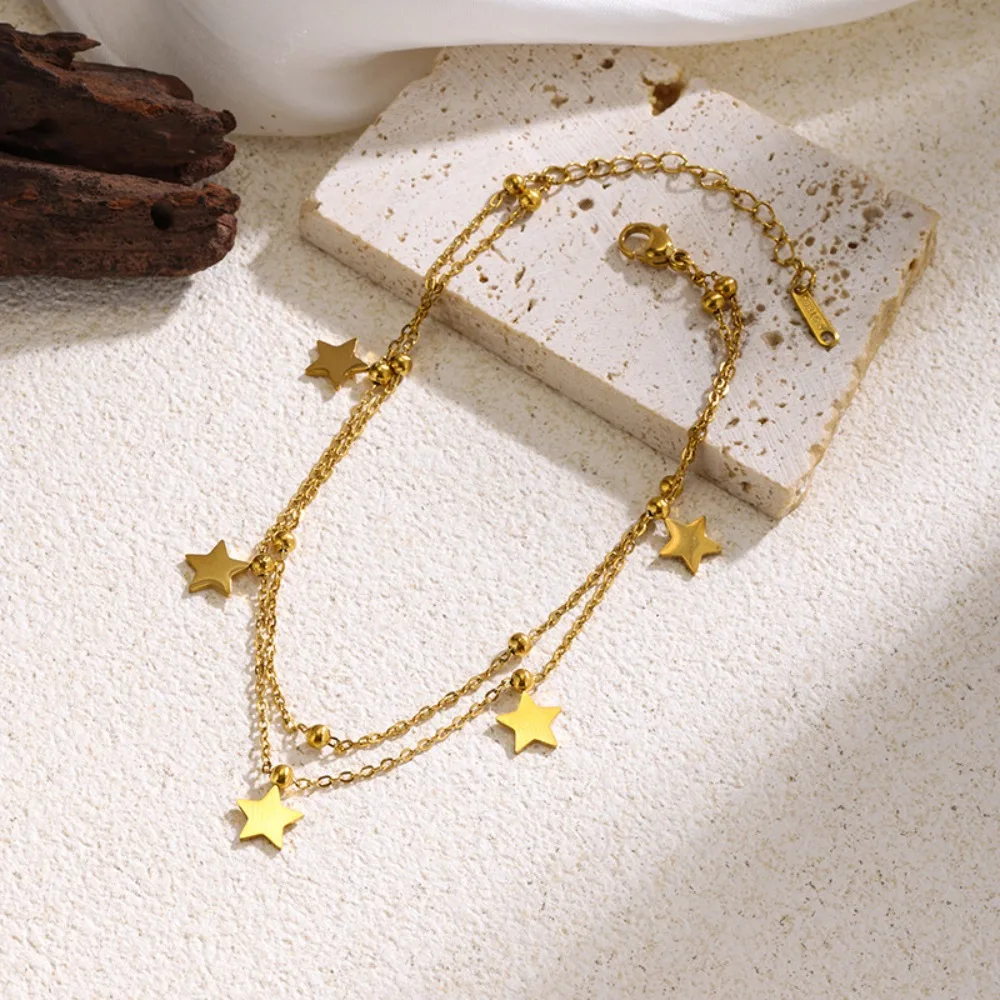 Women Double Layer Pentagram Tassel Titanium Steel Bracelet Simple Star Pendant Non‑fading Jewelry