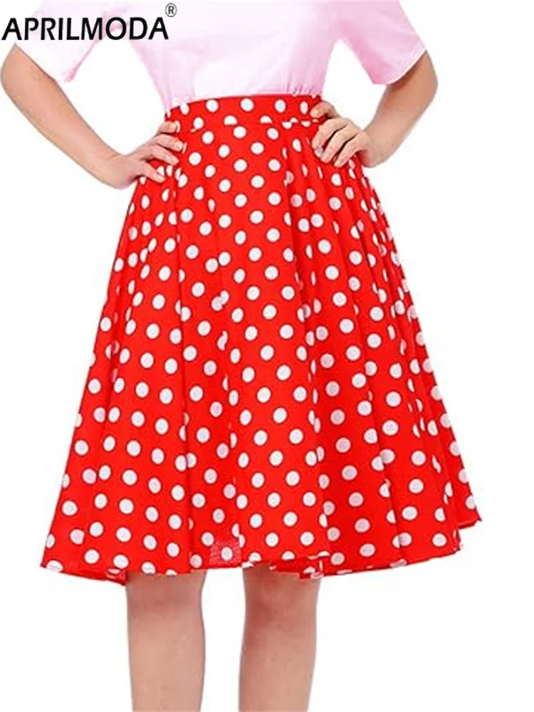 

2024 Red A Line 1950s Style Summer Women's Skirts Polka Dot Print High Waist Tea Flare Runway Vintage Skirt