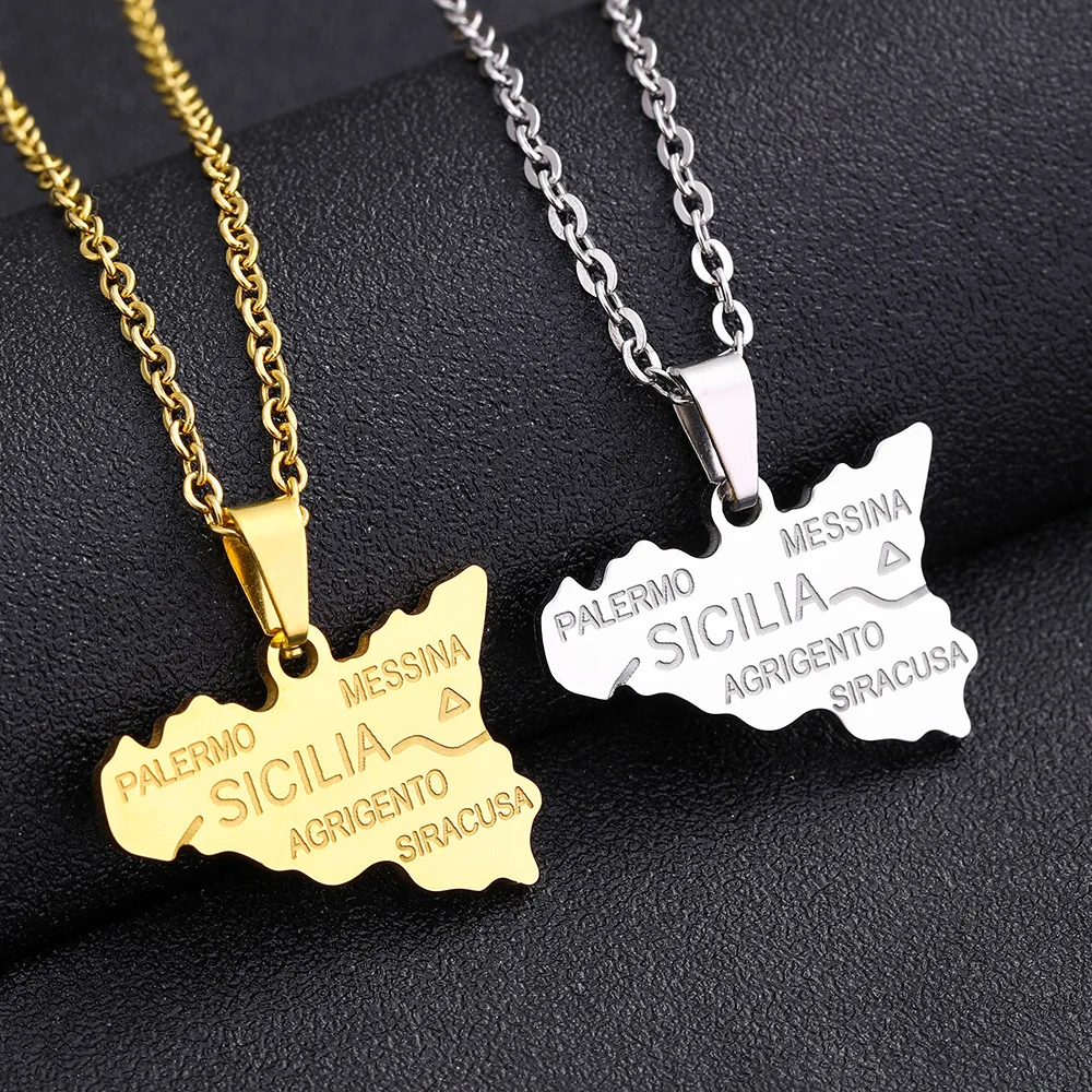 2024 new fashion stainless steel Sicily map pendant necklace temperament everything collarbone chain birthday anniversary small