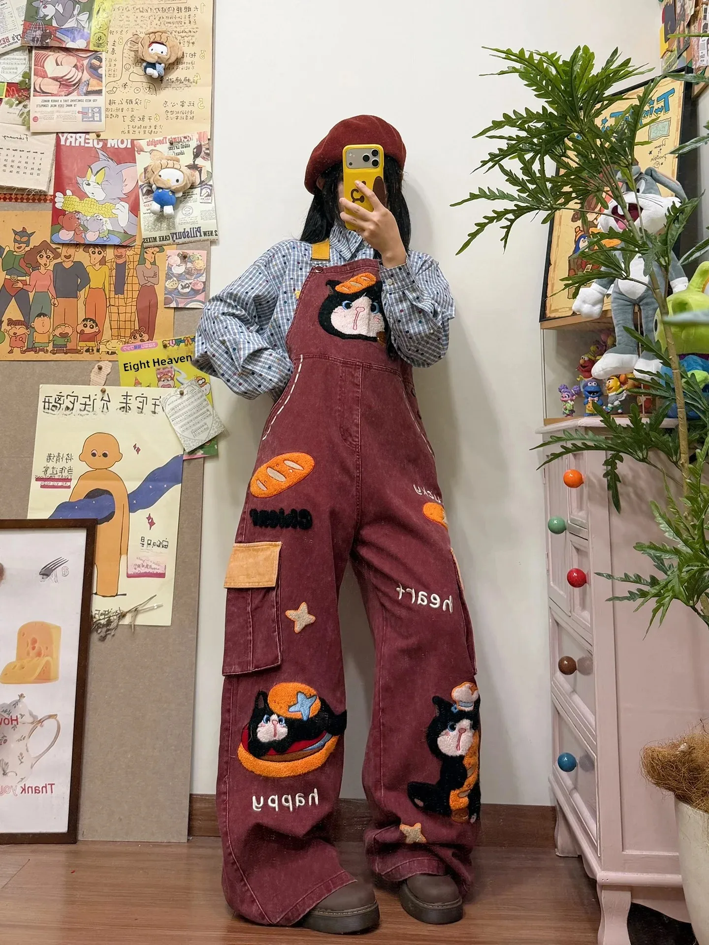 BIBULU American Retro Cartoon  Embroidery Overalls Women's High Waist Slim Straight Casual One-Piece Pants Cotton Material