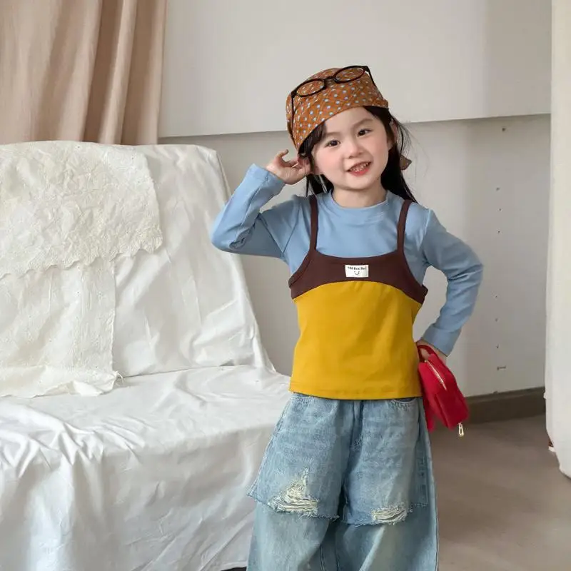 2026 Spring New Children Long Sleeve T Shirts Cotton Toddler Girls Patchwork Sling 2pcs Suit Baby Casual Tops Kids Clothes