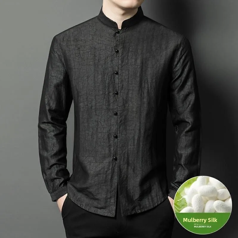High-End Silk Shirt for Men Long Sleeve Casual Fashion Top Spring Autumn Middle-Aged Leisure Style Pure Color  Fabric