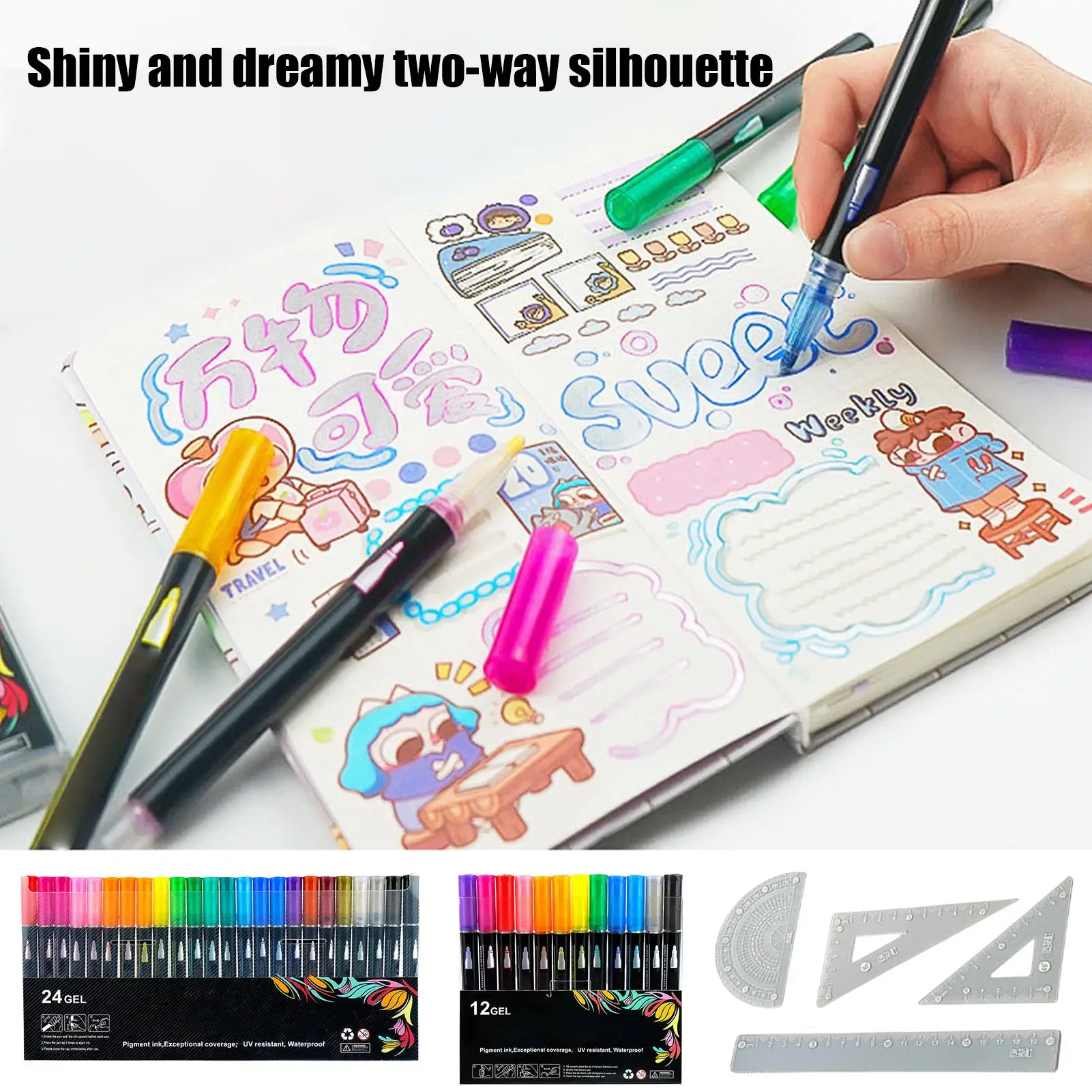 12/24 Coloring Lightstick Graffiti Highlight Pens Double Lined Outline Markers Squiggles Shimmer Markers Set Includes Ruler