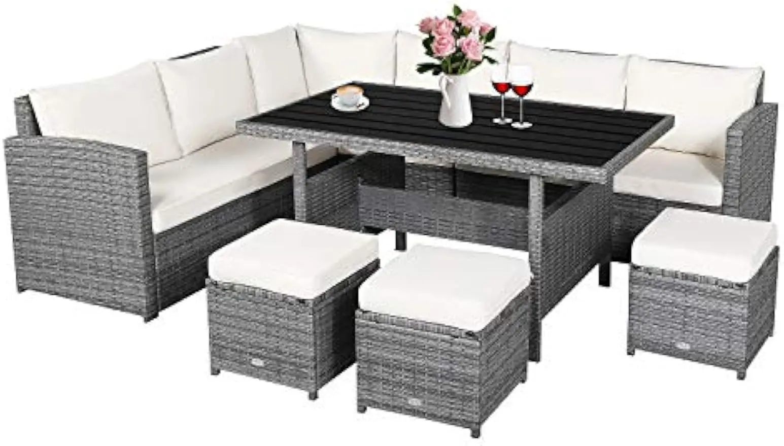 

7 PCS Wicker Patio Furniture Set Outdoor Rattan Sofa Set All Weather w/Dining Table & Ottomans Soft Cushions for Backyard Garden