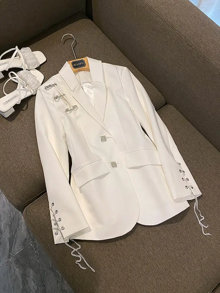

Fall European Design Loose Women's White Ele Outerwear Commute Sle Long Sve Single Button Classic Collar