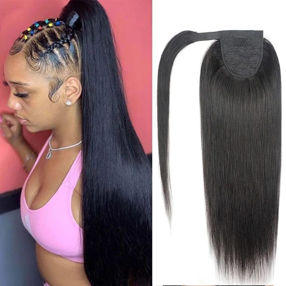 

Natural Color Straight Human Hair Wrap around Ponytail 10-32 Inches Remy Hair Clip 100% Human Hair Extension for Women