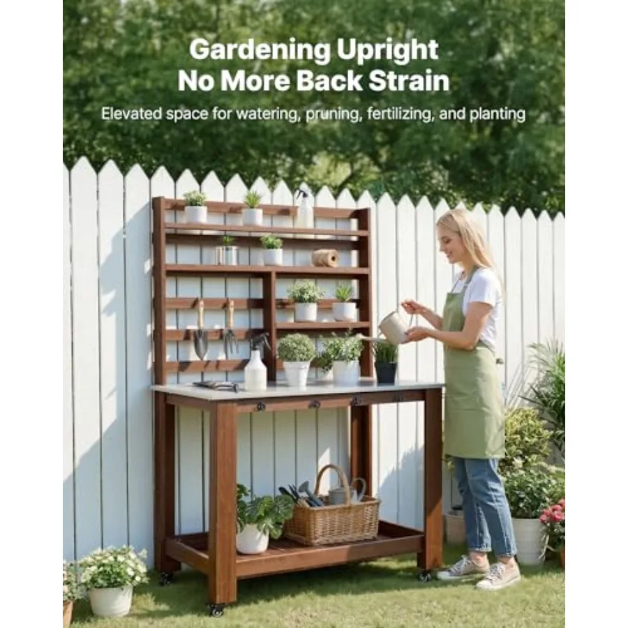 Potting Bench Table, Outdoor Gardening Workstation with Stainless Steel Tabletop, Storage Shelves, 4 Casters, Hooks, Garden Pla