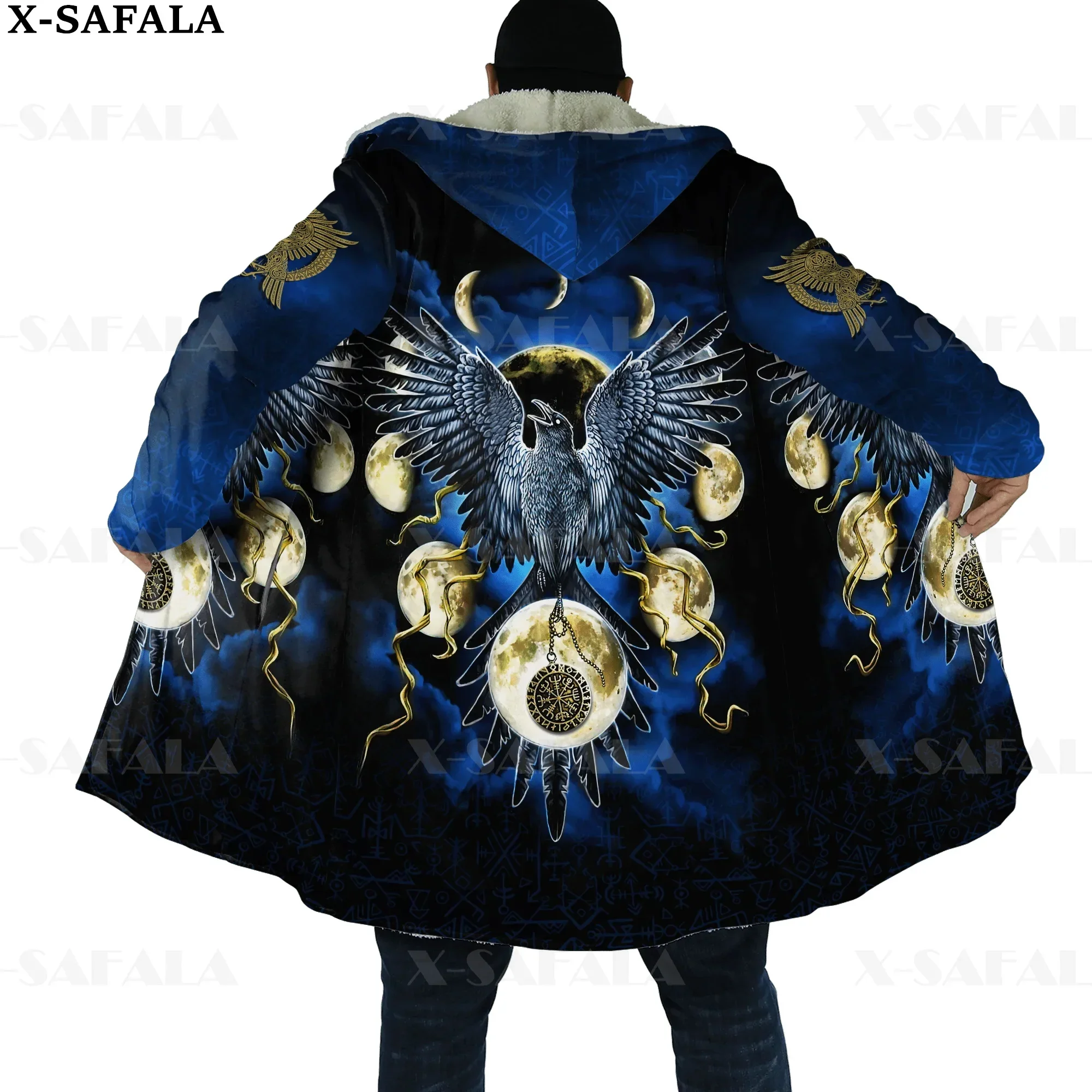 

Odin Viking Tattoo Moon Raven Wolf Dragon Print Thick Warm Hooded Cloak Men Overcoat Coat Windproof Fleece Cape Robe Blanket-1