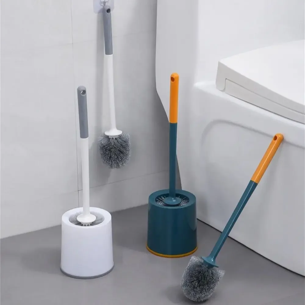 Household Simple Toilet Brush with Base Wall Mounted Cleaning Tools Long Handle Round Head Brush Creative Bathroom Accessories
