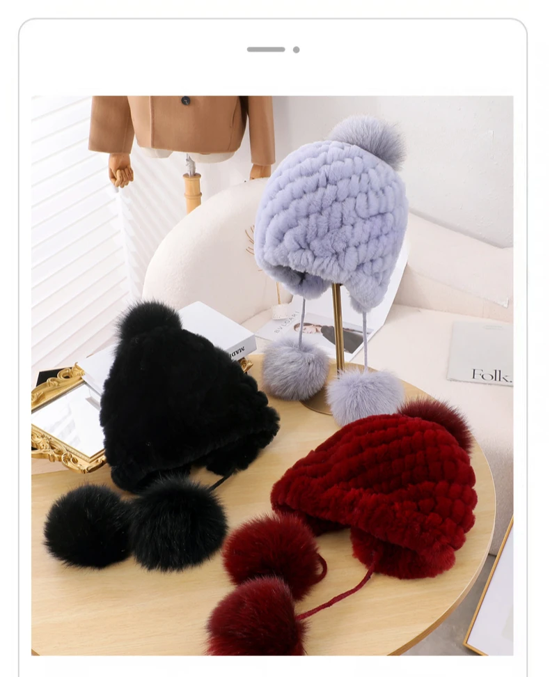 Echte Rex Kaninchen Pelzmütze für Frauen Herbst Russische ushanka Streifen Pelzmütze dame winter Warme Kopf Tragen Elastische Gestrickte Bomber Hüte – Detail 3