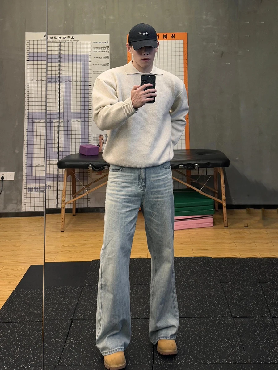 

Светло-голубые мужские джинсы прямого кроя для весны и осени, с эффектом потертости, модные повседневные брюки в уличном стиле