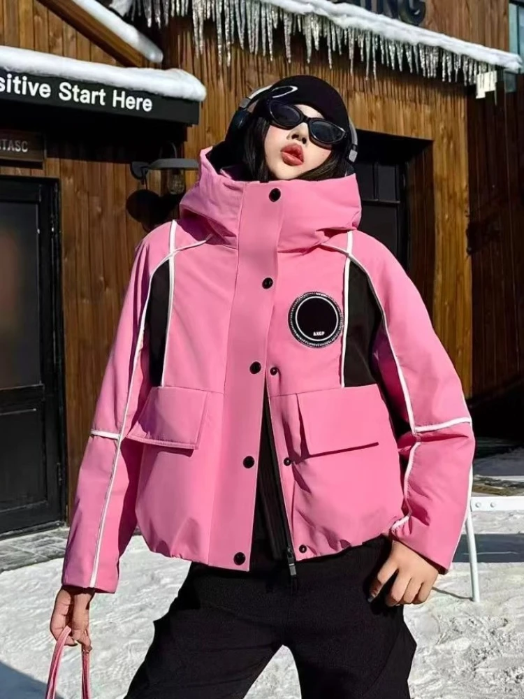 

2025 Winter New Down Jacket Fashion Y2k Color Blocked Hoodie Parkas Women Thicken Warm 90 White Duck Puffer Coat Stormtrooper