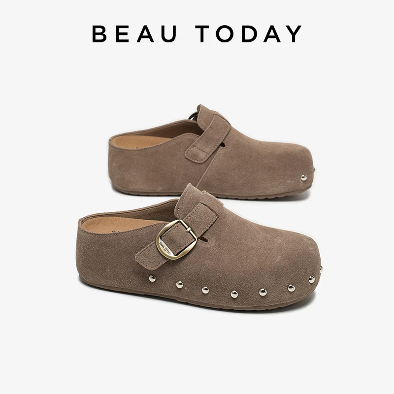 

BEAUTODAY Casual Mules Women Cow Suede Leather Round Toe Buckle Strap Rivet Slippers Ladies Shoes Handmade 38555
