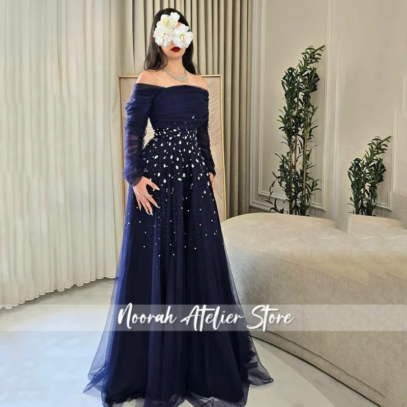 

Navy Blue Prom Dress Off Shoulder Tulle Gala Dresses With Crystal Embellishments Saudi Arabic Evening Party Gown Customized
