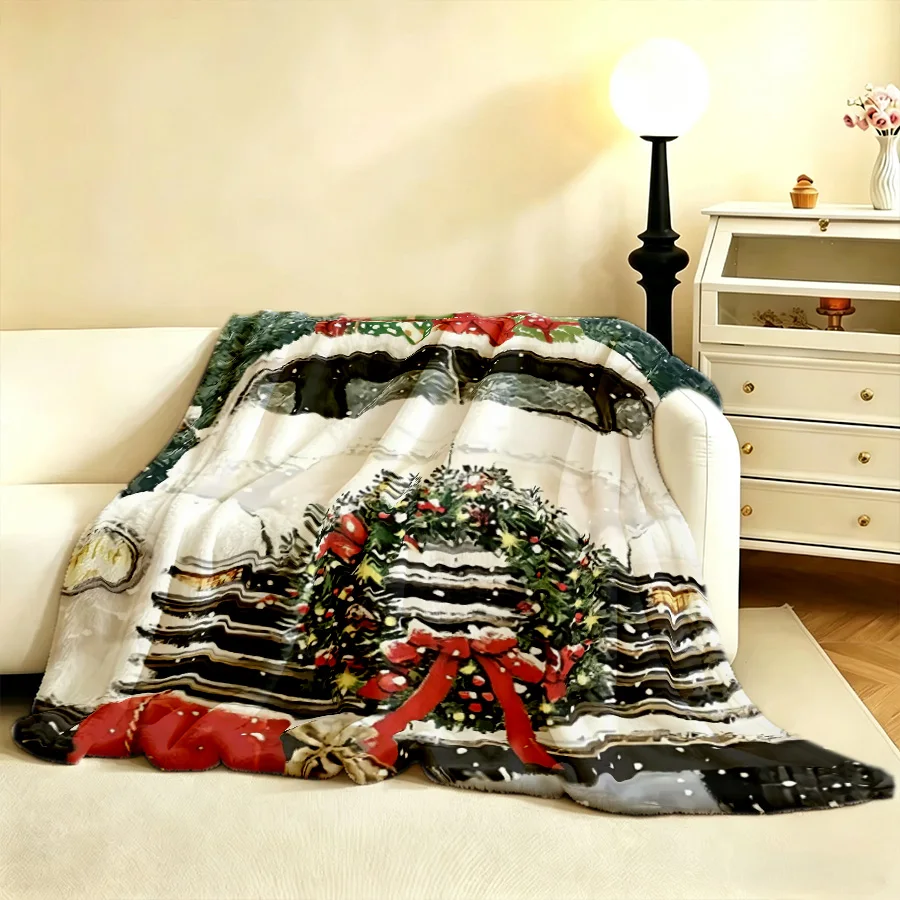 1PC Christmas poinsettia wreath truck snowman printed flannel blanket, 2D single-sided printed sofa bed decorative blanket