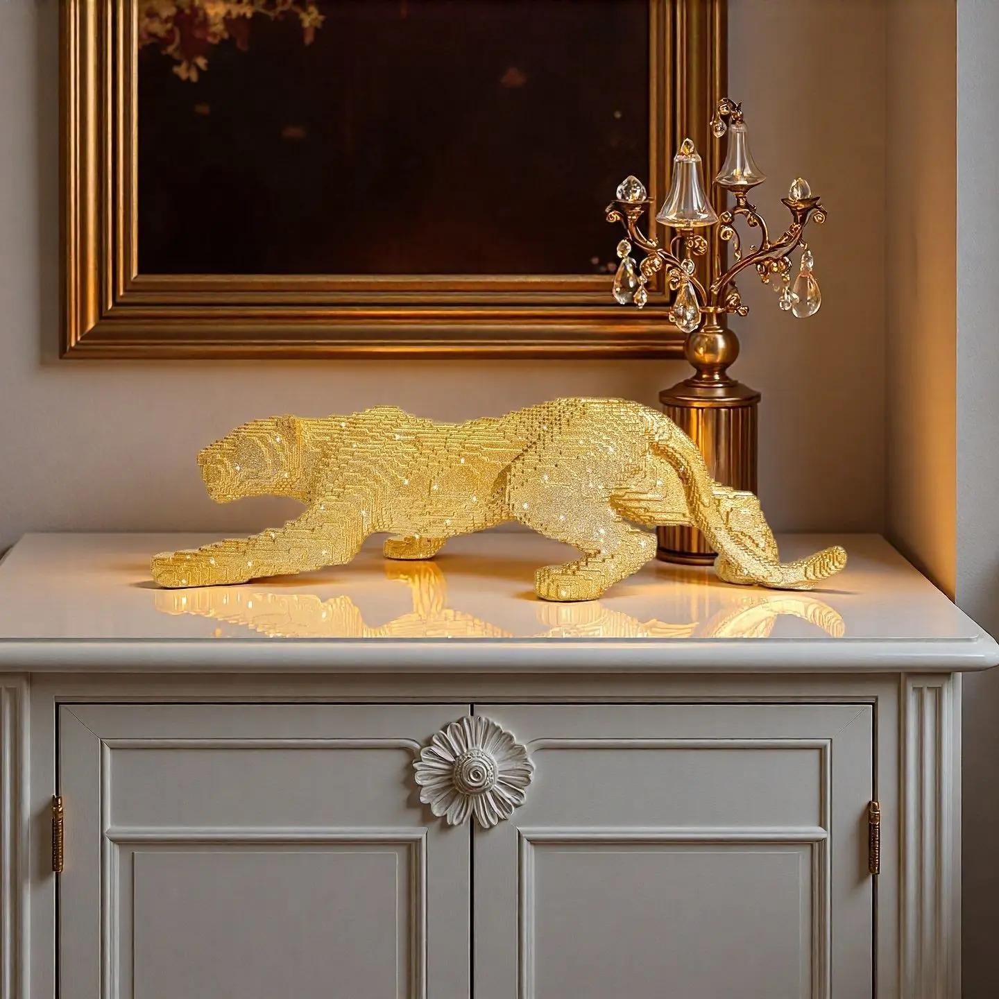 Pink Full Diamond Leopard Ornament, Resin Animal Decoration for Living Room TV Cabinet Tabletop