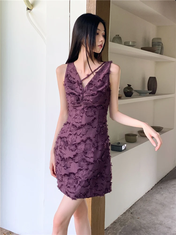 Summer new niche design with purple butterfly lace V-neck sleeveless dress, women's waist up slimming short skirt