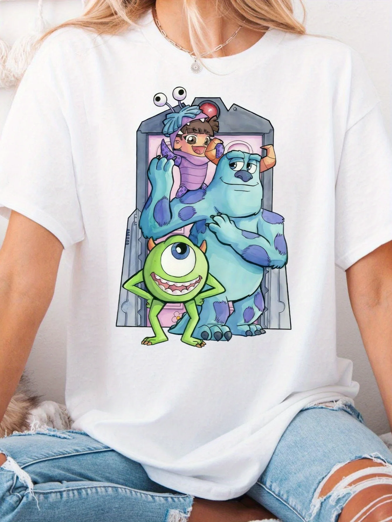 تي شيرت نسائي صيفي بأكمام قصيرة من Disney Monsters Inc، من تصميم مايك وسوللي، للتجمعات والسفر #1