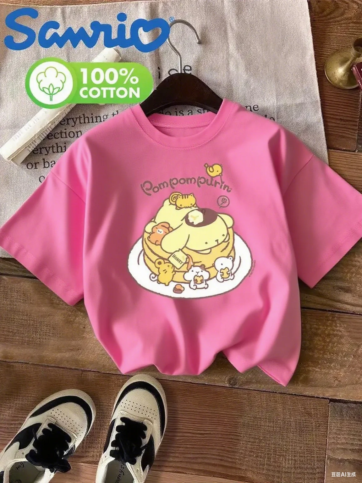 เสื้อยืดผ้าฝ้ายลายซานริโอ ปอมปอมปูรินแพนเค้กเลิฟปูรินพร้อมสัตว์ตัวเล็กพิมพ์ลายผ้าฝ้ายแท้ 100% เพื่อลุคหวานน่ารัก