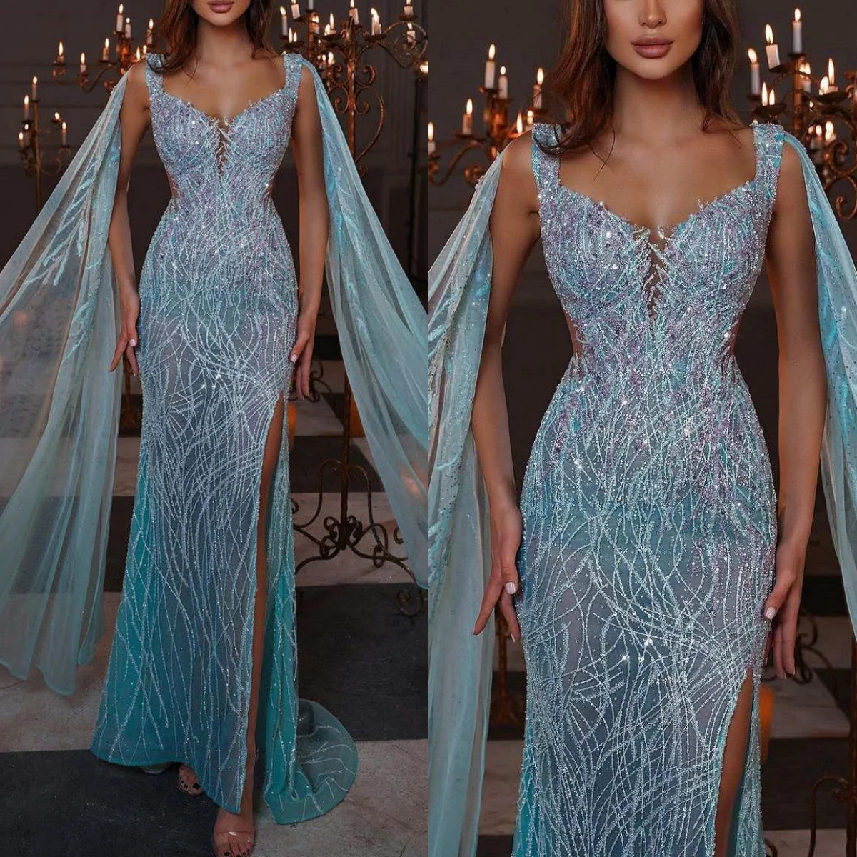 Icidal-Robe de Soirée Sirène Personnalisée avec Paillettes Rondes et Perles, Tenue Formelle de Bal avec Traîne de Balayage Fendue et Col en Cœur