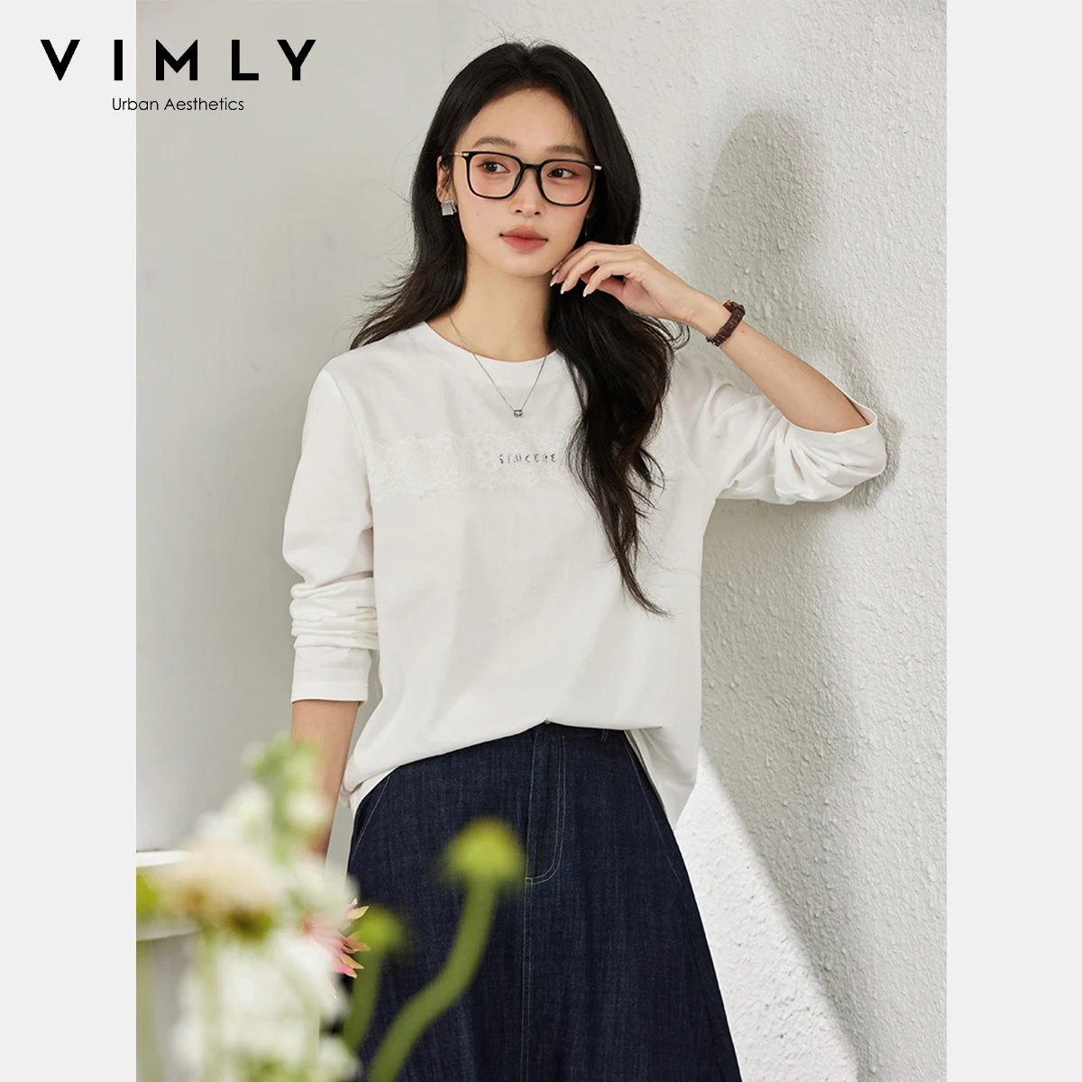 

VIMLY Letter Lace T-shirts Woman Autumn 2025 Casual New Round Neck Long Sleeve Knitted Ladies Tops Oversized Women T-shirt A2108