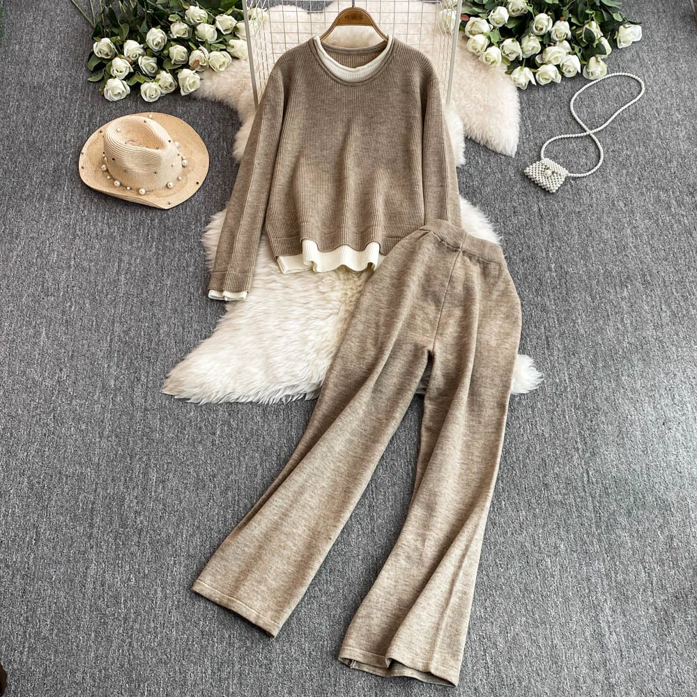 Women Korean Patchwork Knitted Suits Slim Stomach Cover Fake Two Knit Sweater + High Waist Wide Leg Pants Two-piece set