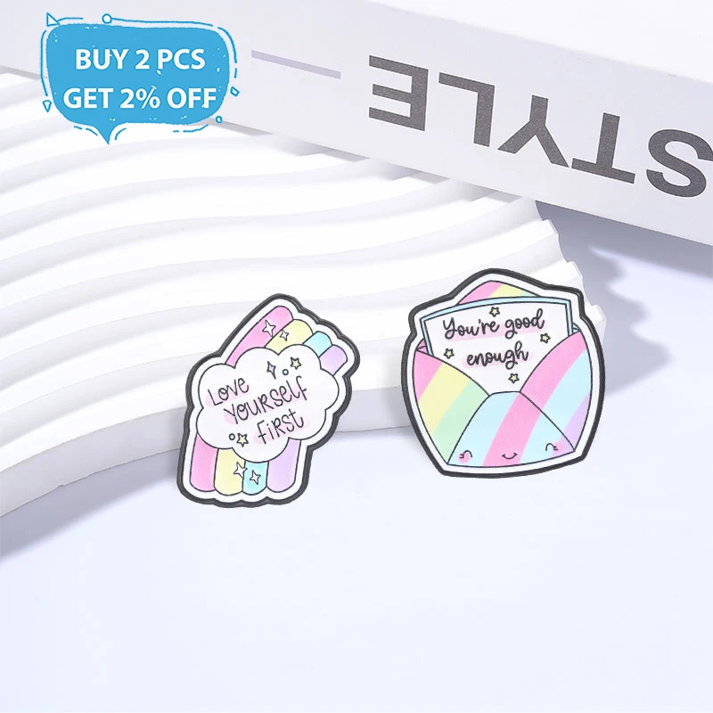 You're Good Enough Cute Cartoon Enamel Pins Love Yourself First Metal Brooches Fashion Lapel Badge Backpack Clothes Jewelry Gift