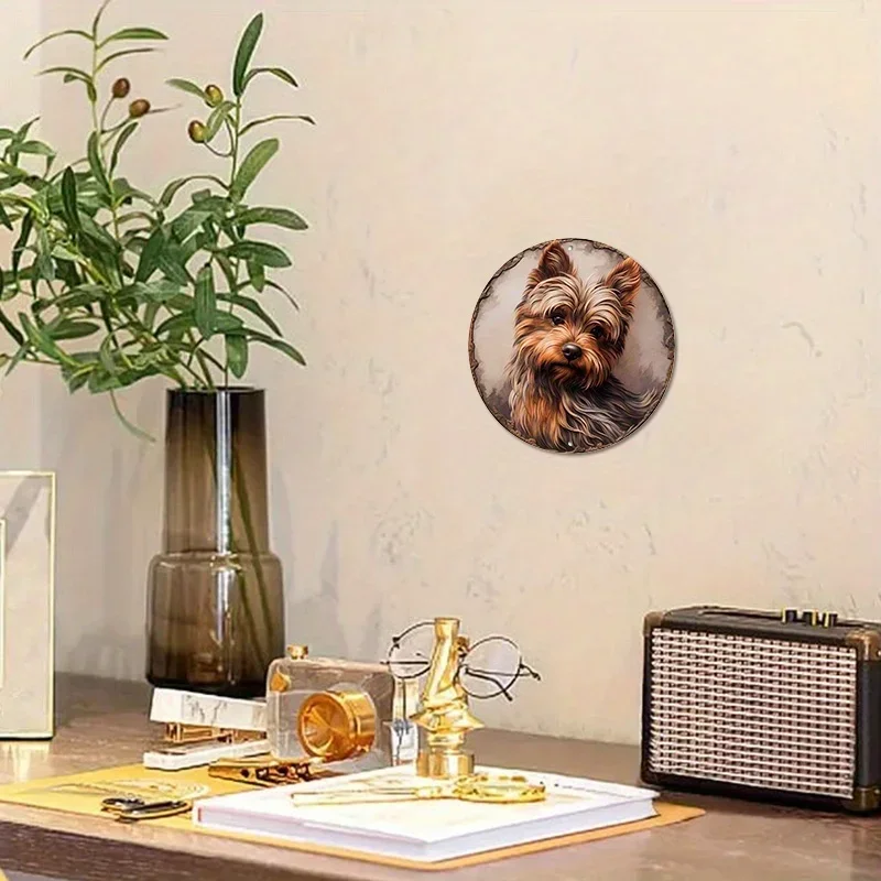 Aluminum Metal Sign Bronze Sculpture Of Yorkie Terrier On A Circular Plate, Three-dimensional Effect, Wall Home Decoration