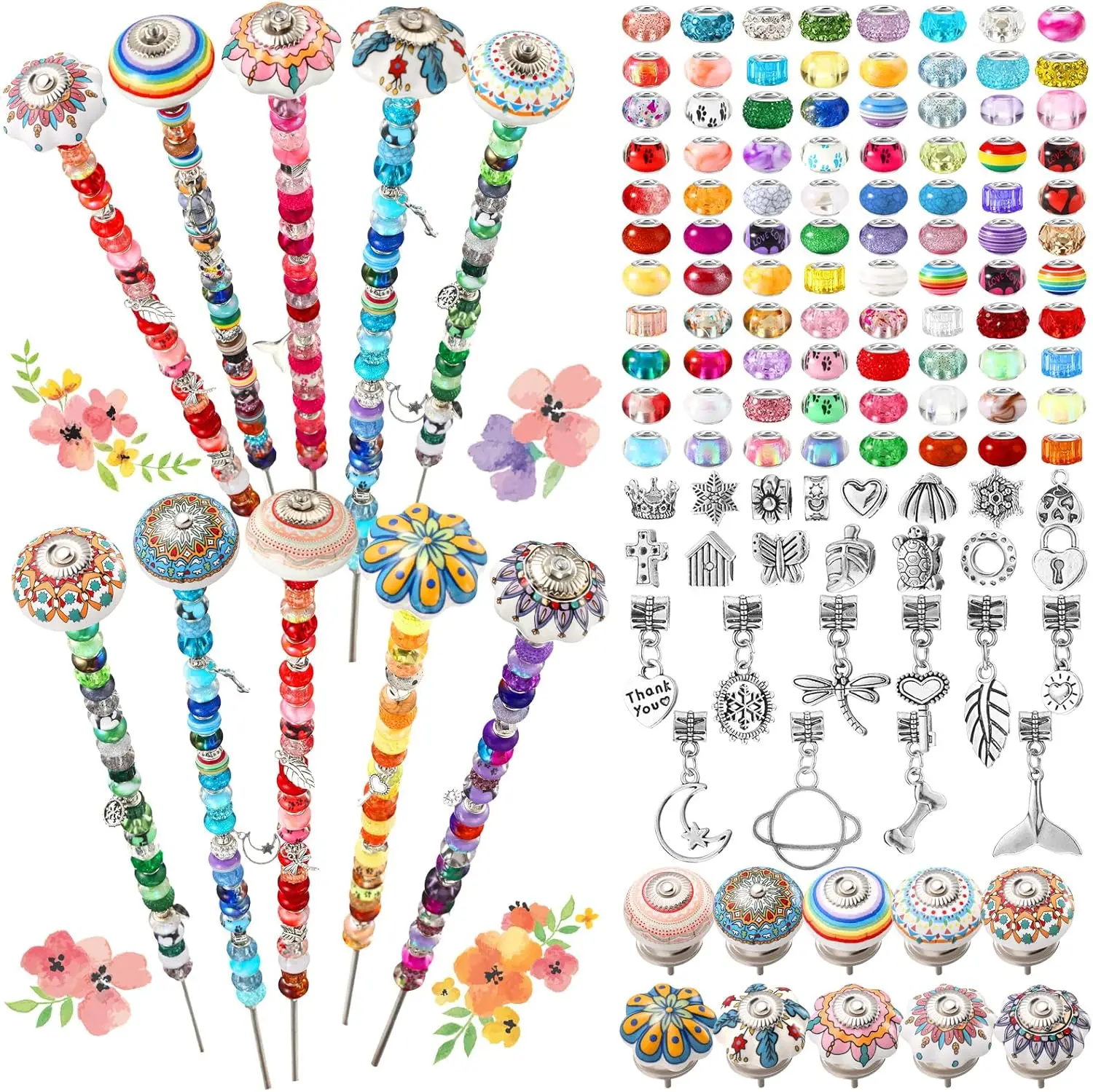 

255 Pcs 14 Inch Garden Stakes Decorative Ceramic Mushroom and Pumpkin Round Beaded Garden Stakes Decor Fairy Sticks for Indoor O