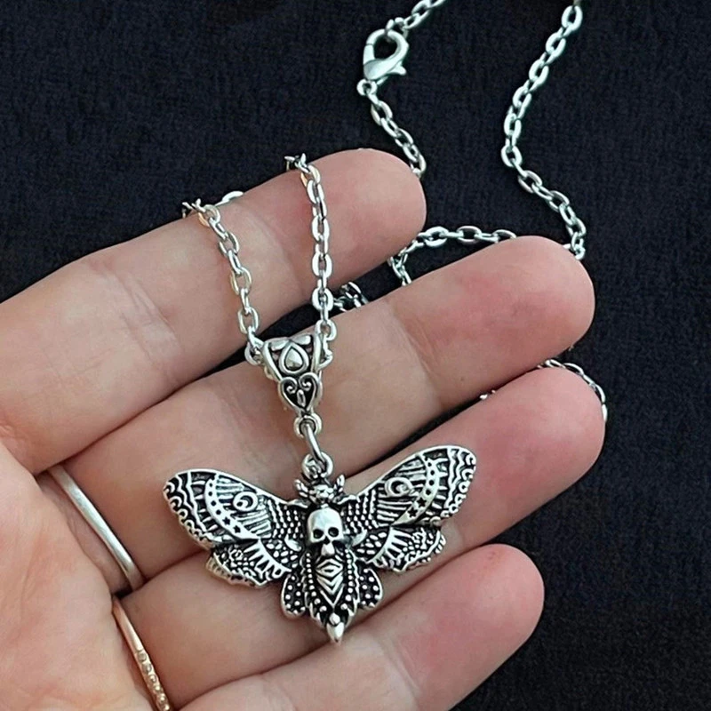 Death Moth Necklace Pendant 18inch Chain Sugar Skull Gothic Butterfly Rock Emo Goth Silver Color 18inch Strong Chain