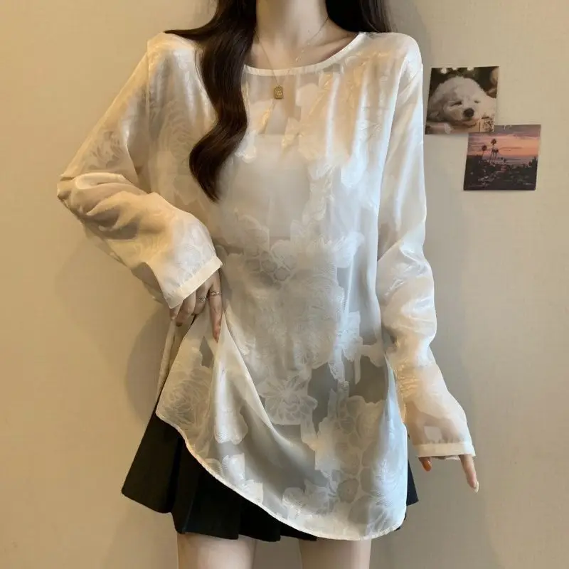 Retro Chinese Style Jacquard Shirt 2025 Round Neck Sun  New Loose Long-sleeved Top