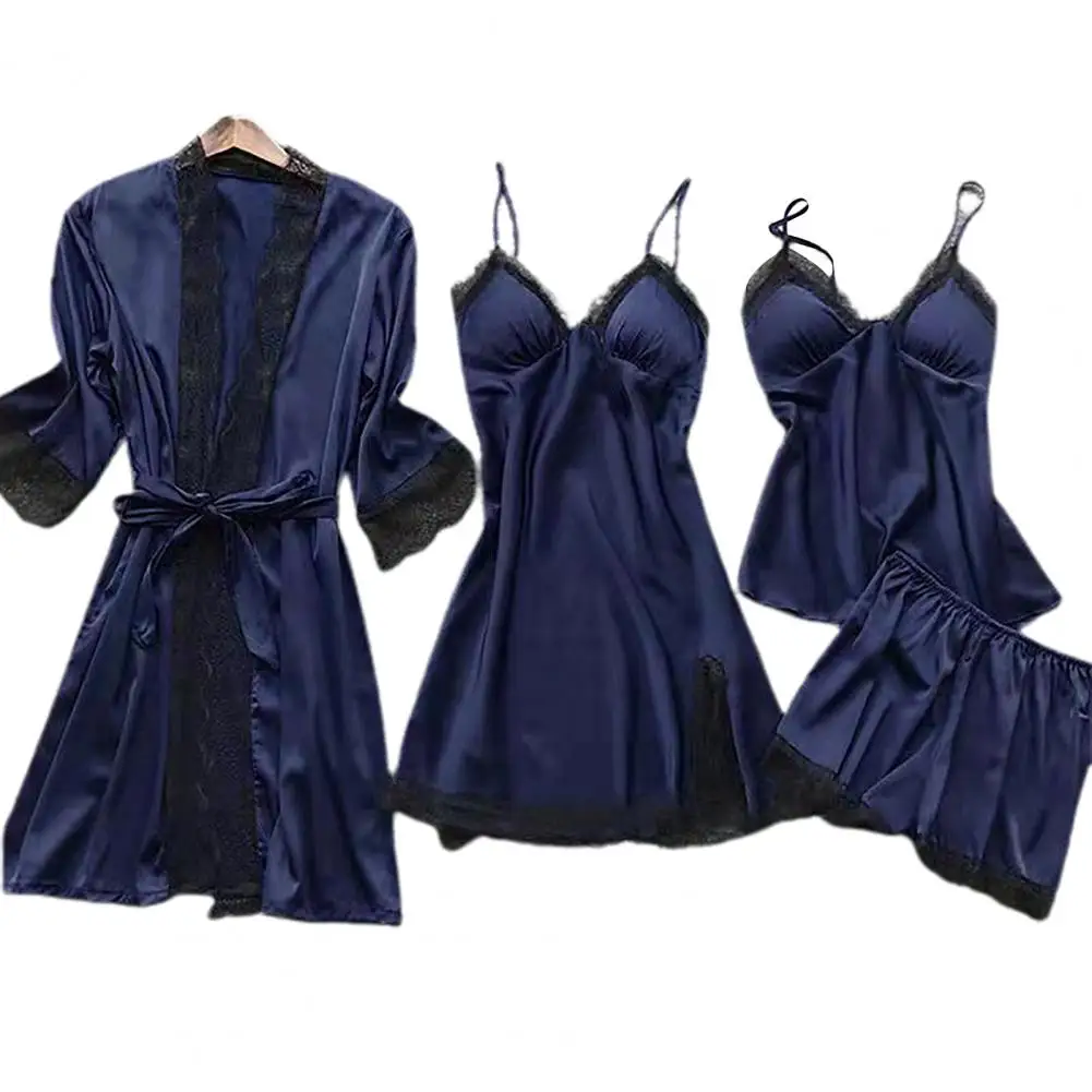 Lace Splicing Pajama Set Elegant Silky Lace Pajamas Set with Spaghetti Strap Top Pleated Cardigan Coat Matching Shorts Women's