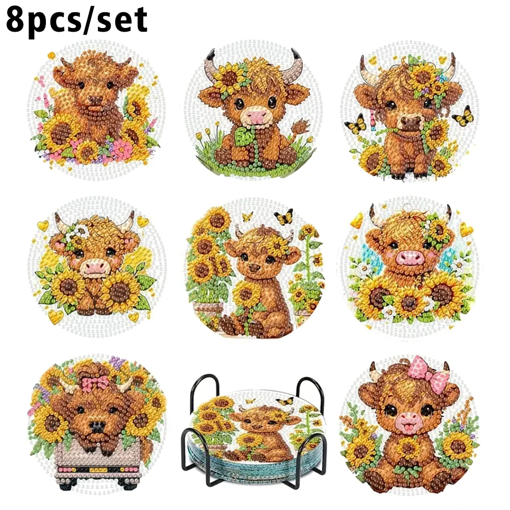 8 Pieces/Set Animal Pattern Diamond Painted Coaster Set Sparkling Rhinestone Heat-Resistant Beverage Mat with Holder DIY Coaster