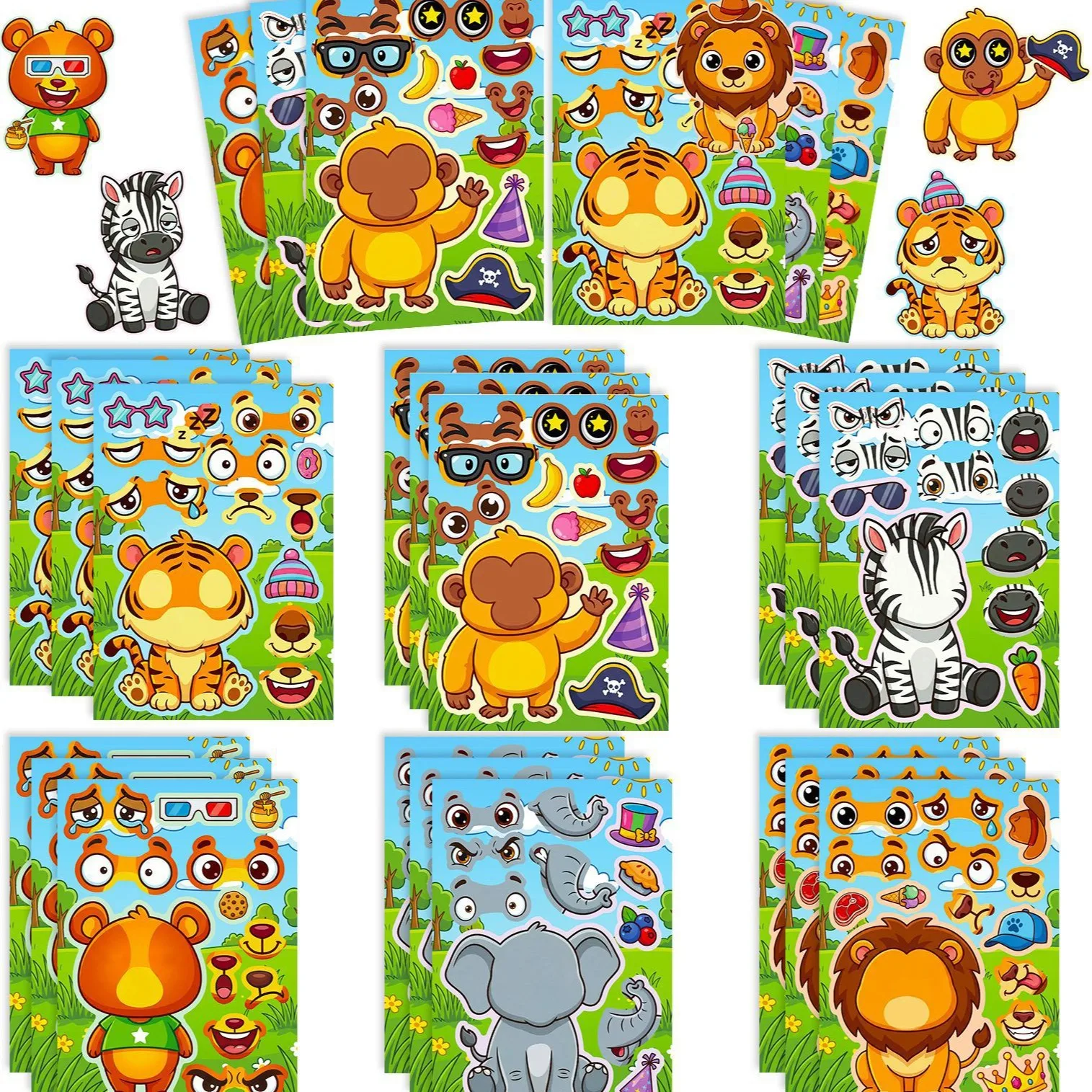 6 Sheets/Pack Cartoon Animal Face‑Changing Puzzle Stickers, Decals for Journal Notebook DIY Craft Decoration