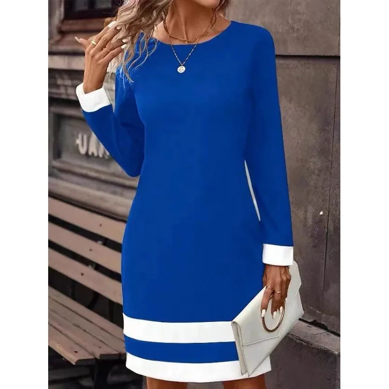 Long Sleeves Dress Stripe Vestidos Contrast Dresses 2025 Woman Simple Style All-match Slim Commuting Temperament Homewear Home