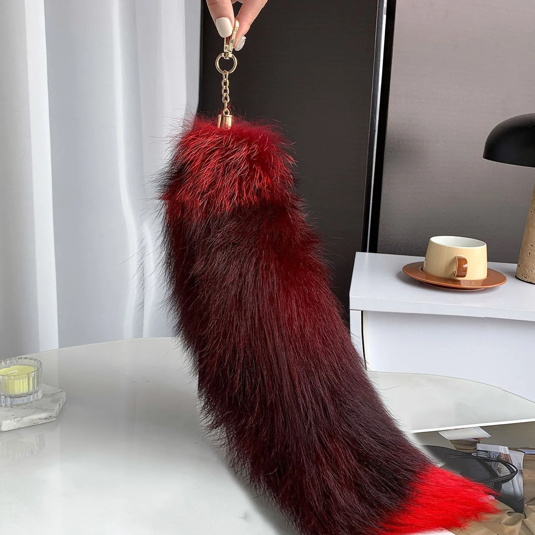 40cm Large Fox Tail Keychain Wolf Tail Fur Tassel Bag Charm Tag Black And Brown Pom Pom Charm Keyring Fluffy Real Fur Key Chain