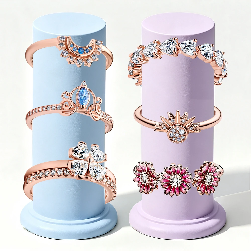 2026 New 925 Silver Princess Sun Moon Shining Crown Love Heart Lucky Grass Ring Display Tool DIY Exquisite Charm Jewelry