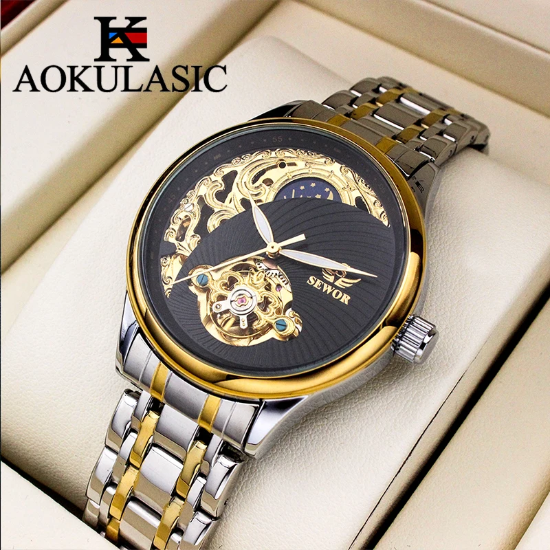 AOKULASIC Mann Mechanische Uhren Retro Mondphase Tourbillon Leuchtende Wasserdichte Uhren Luxus Edelstahl Band herren Uhr