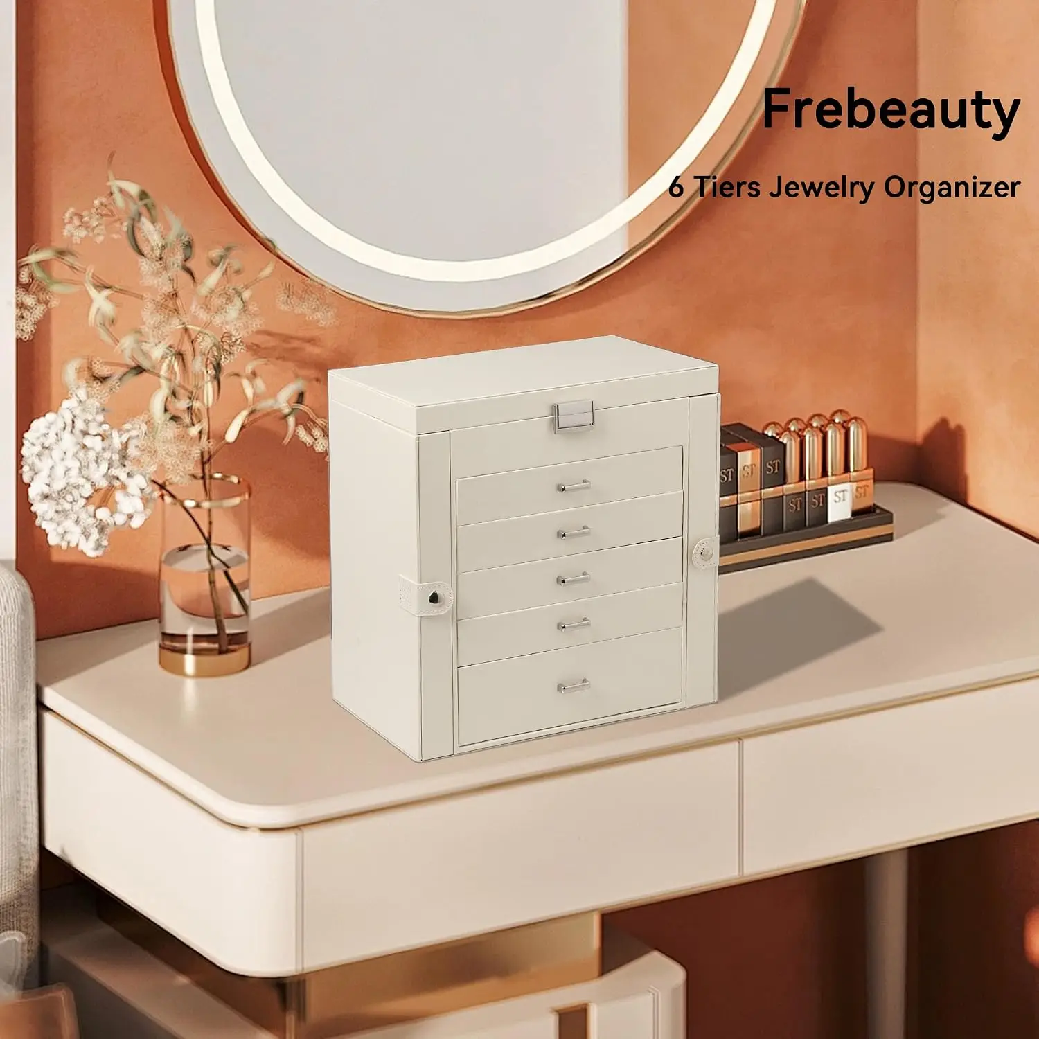 Large Jewelry Box6-Tier PU Jewelry Organizer Storage Case with Mirror,Accessories Holder 5 Drawers Necklace Bracelets Watches
