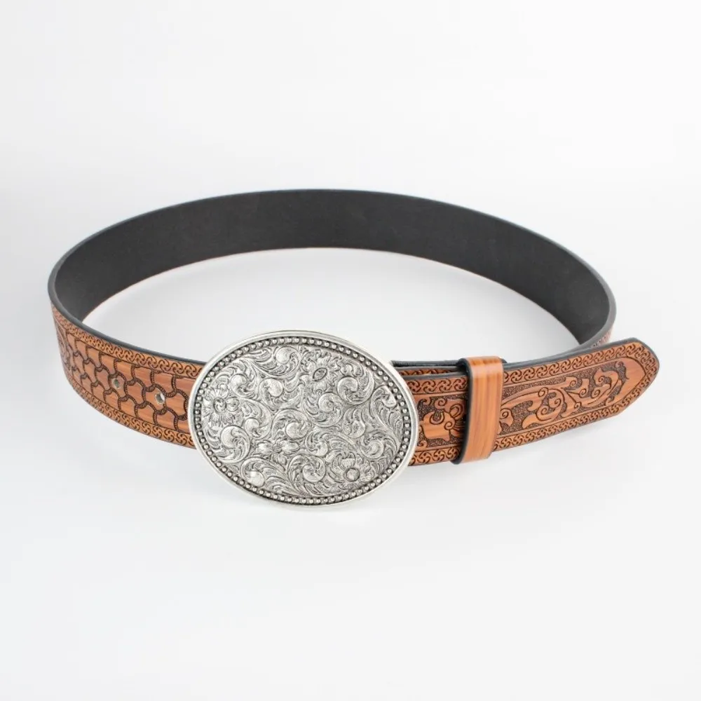 Sabuk Koboi Barat Lebar Modis Sabuk Pinggang Kulit PU Antik Ikat Pinggang Retro Kasual Pria Wanita