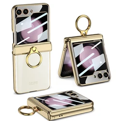 For Samsung Galaxy Z Flip 5 Case Electroplating Transparent Magnetic Folding Hinge Ring Bracket With Mirror Film Shockproof Case