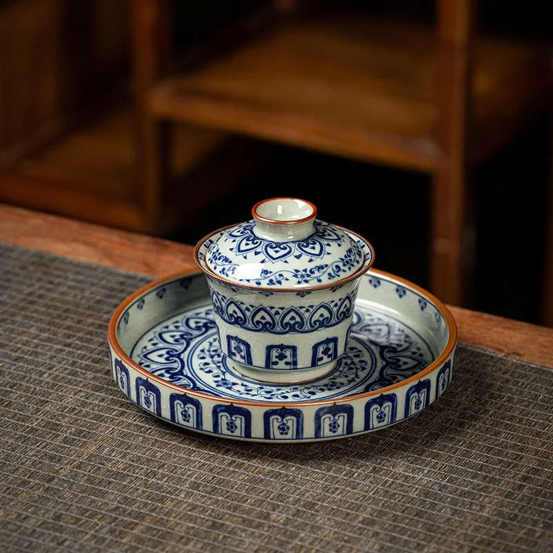 

Old Clay Blue and White Baoxiang Horseshoe Cover Teacup Household Chinese Big Pot Draining Teapot Platform Brewing Bowl Set