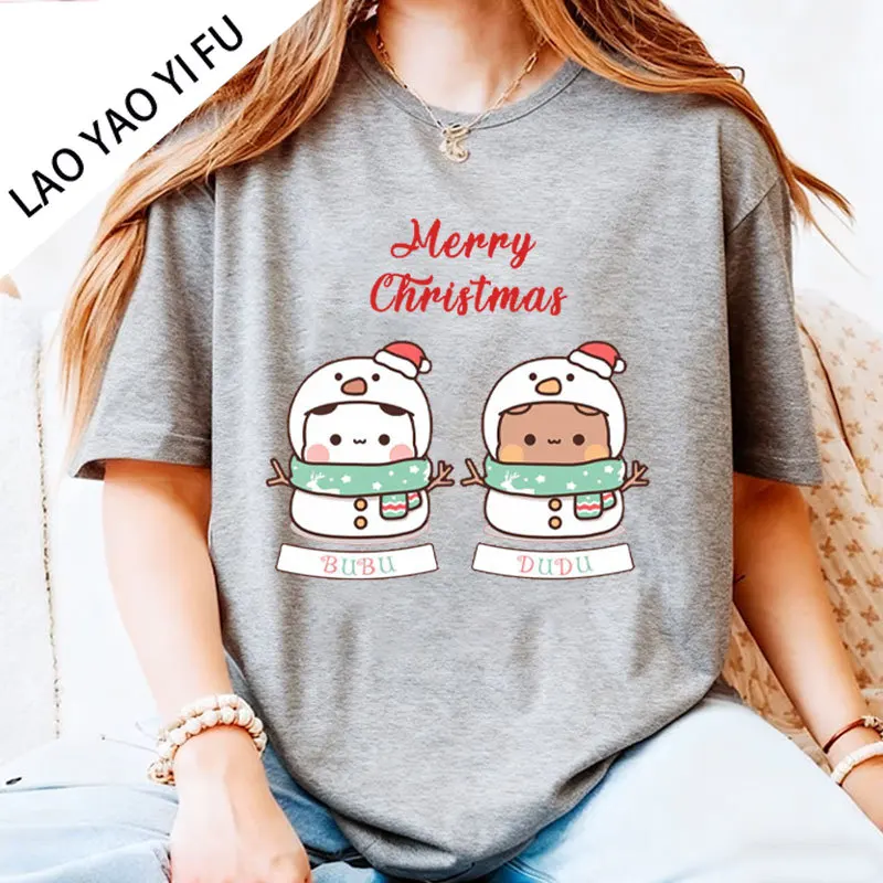 Kawaii Schneemann Bubu Dudu Weihnachten Grafik T-Shirt trendige lustige Cartoon Panda Druck Frau Shirt Mode Urlaub Baumwolle T-Shirts